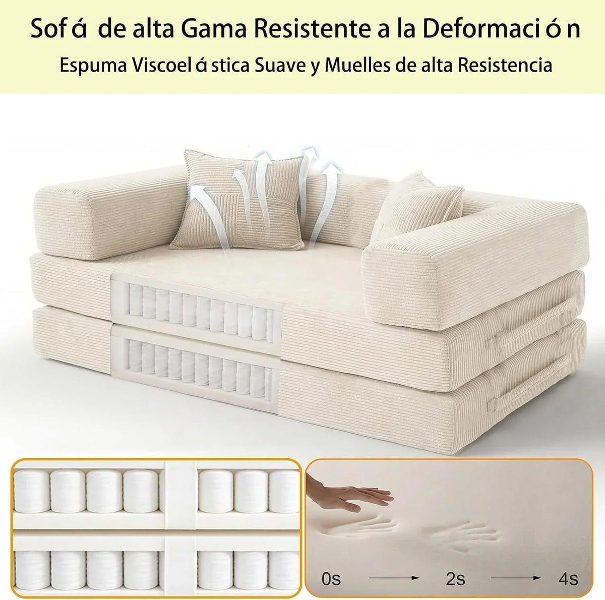 200 cm 3 Seater Sofa Bed with Foam & Springs for Living Room, White